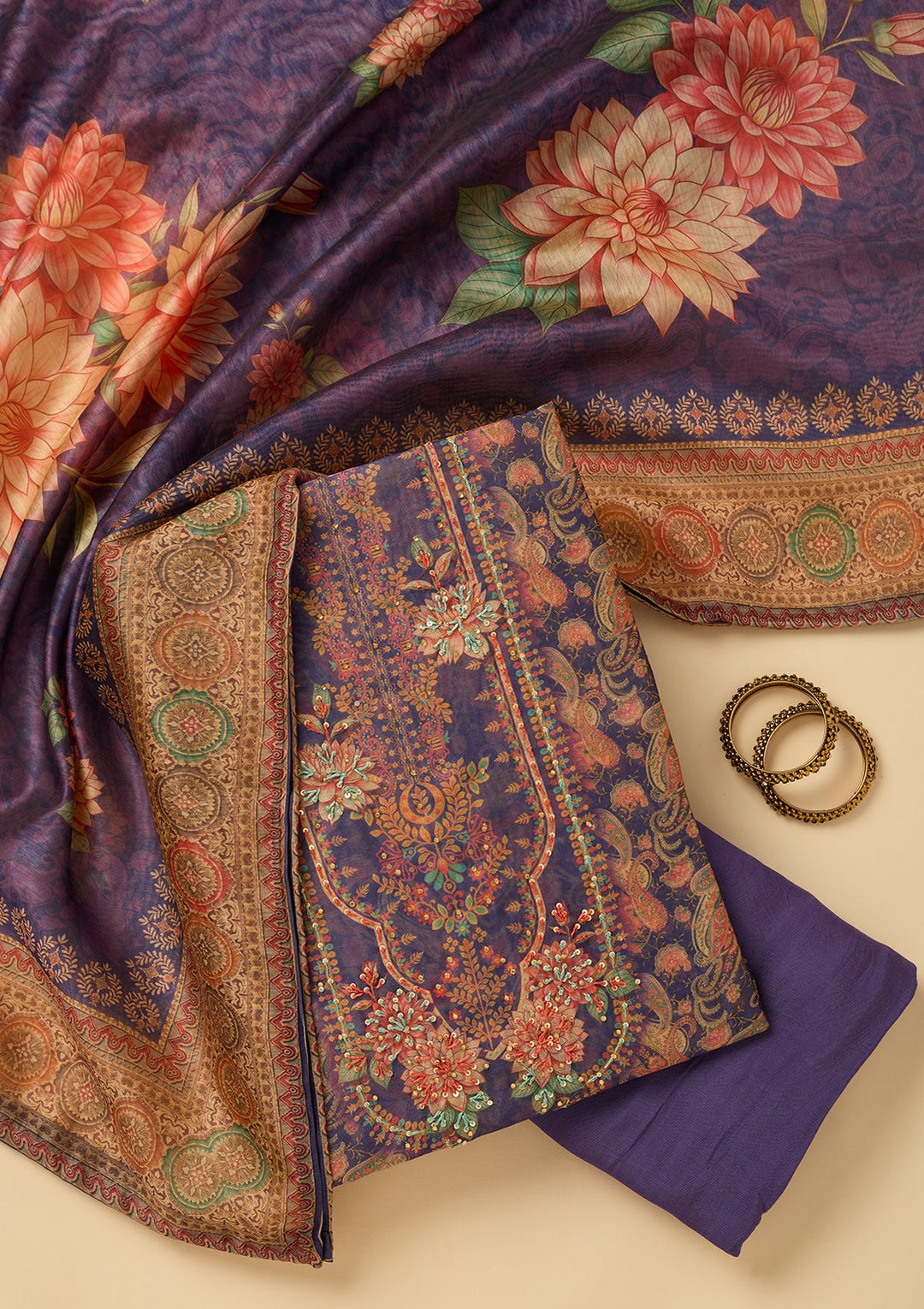 Purple Threadwork Chanderi Unstitched Salwar Suit