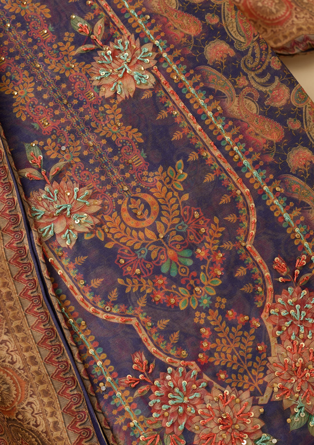 Purple Threadwork Chanderi Unstitched Salwar Suit