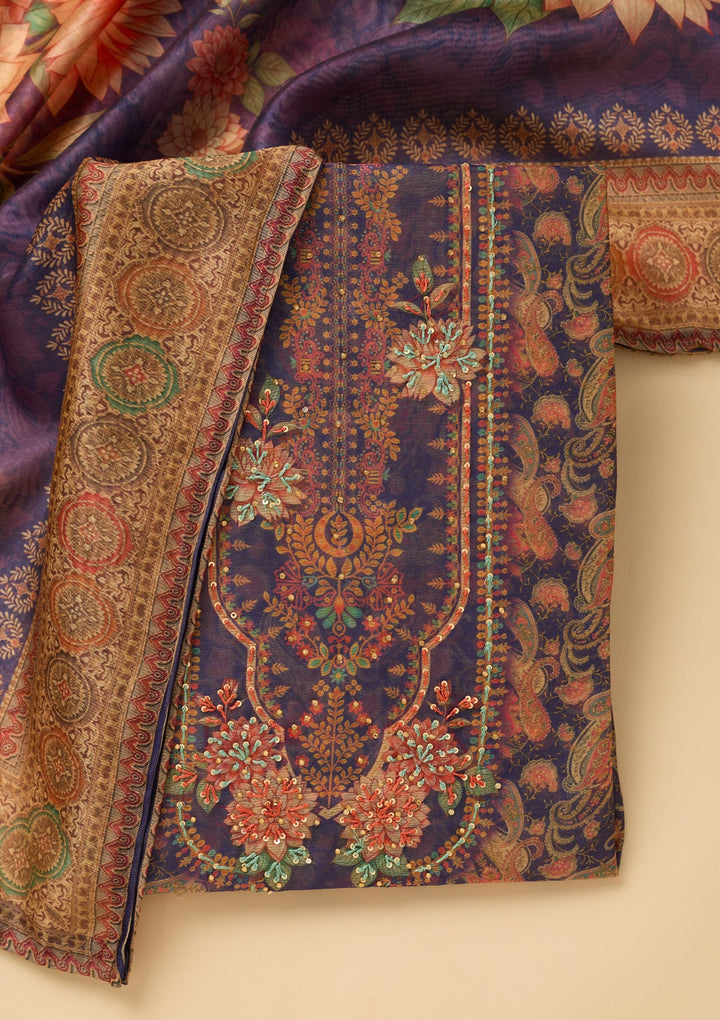 Purple Threadwork Chanderi Unstitched Salwar Suit