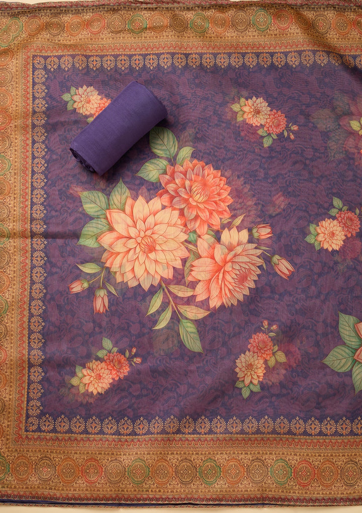 Purple Threadwork Chanderi Unstitched Salwar Suit