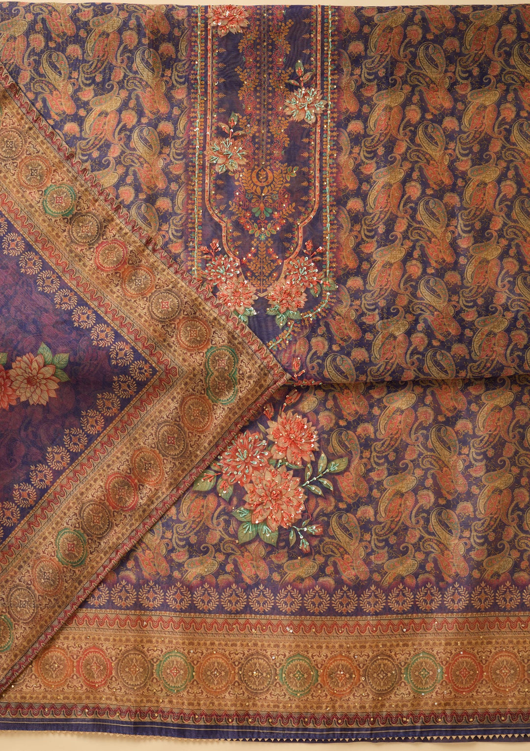 Purple Threadwork Chanderi Unstitched Salwar Suit