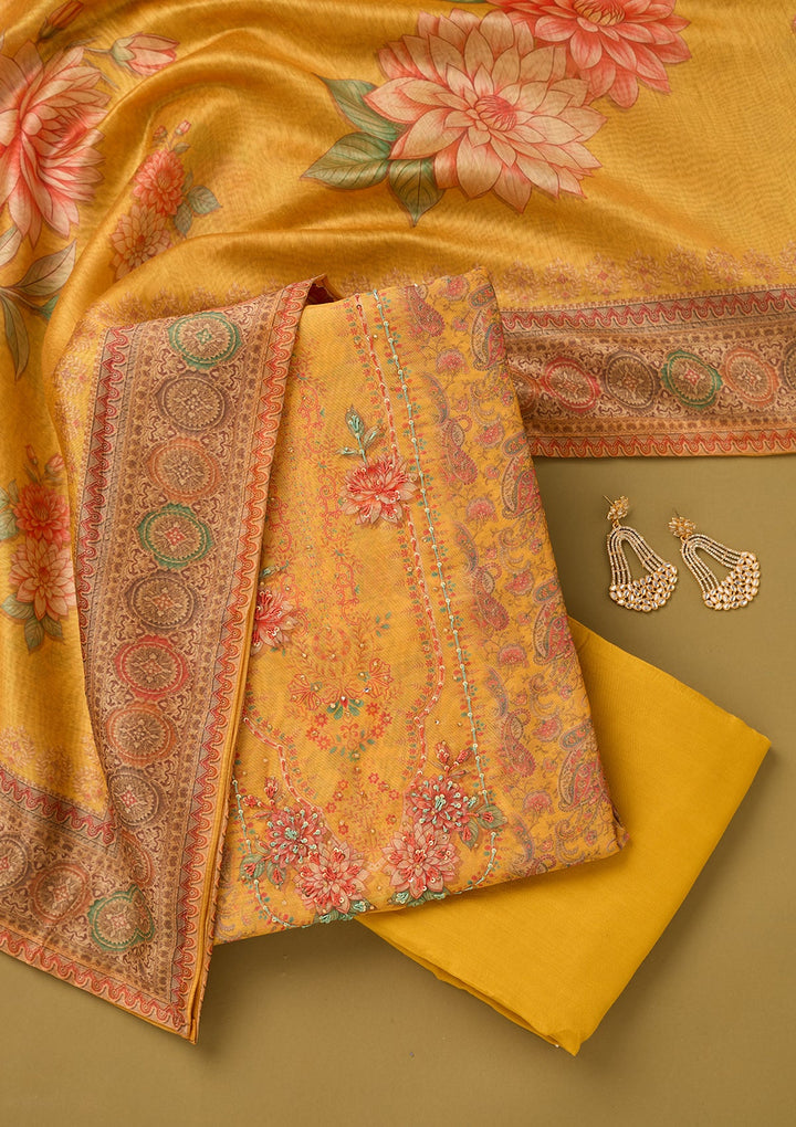 Yellow Chanderi Floral Threadwork Unstitched Dress Material With Matching Bottom And Dupatta