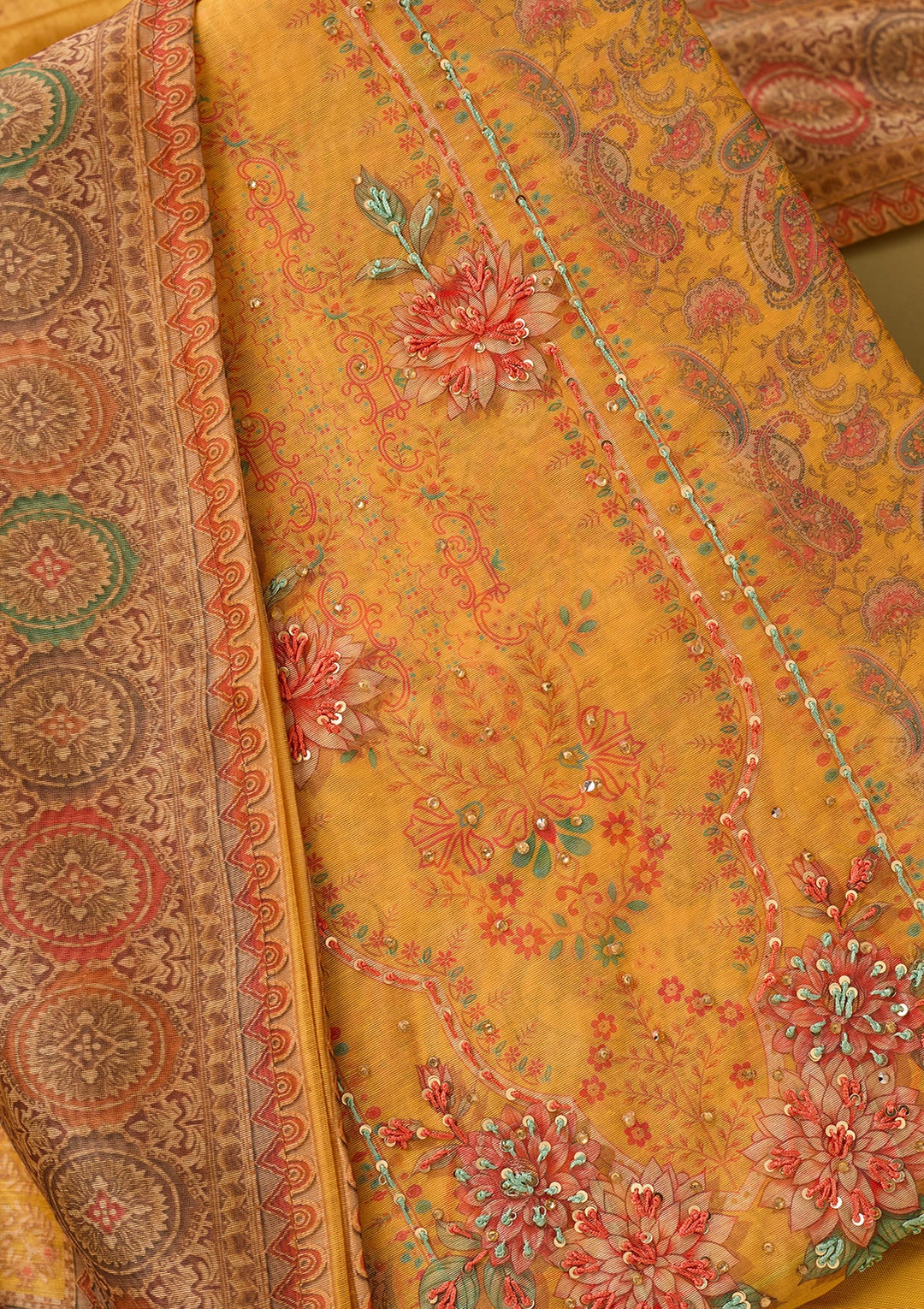 Yellow Chanderi Floral Threadwork Unstitched Dress Material With Matching Bottom And Dupatta
