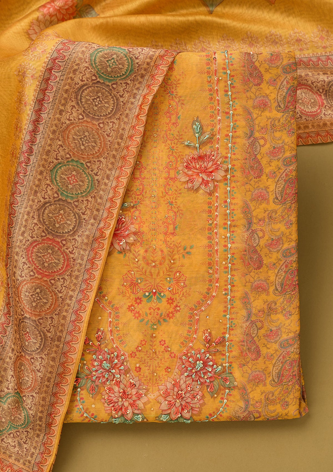 Yellow Chanderi Floral Threadwork Unstitched Dress Material With Matching Bottom And Dupatta