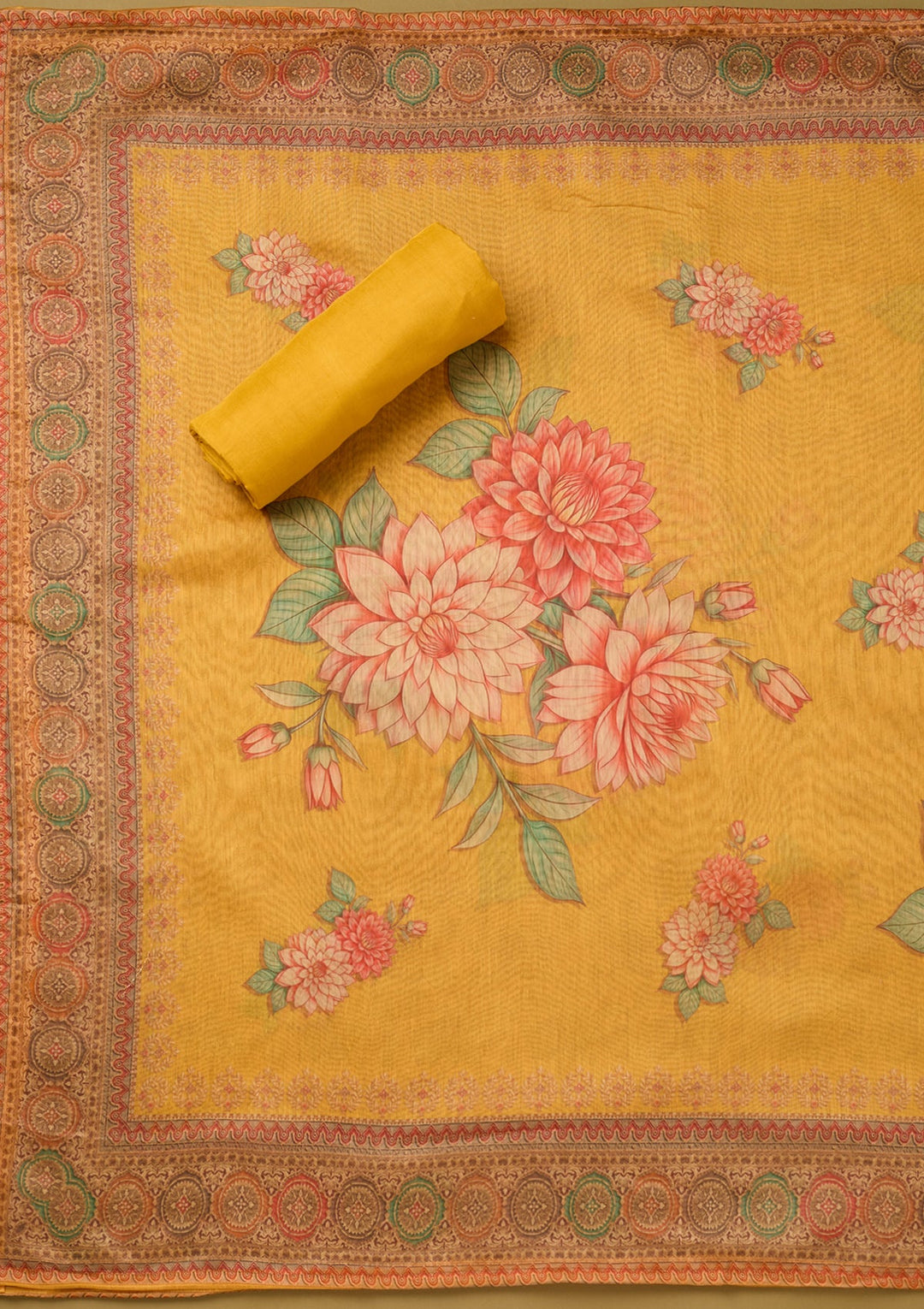 Yellow Chanderi Floral Threadwork Unstitched Dress Material With Matching Bottom And Dupatta