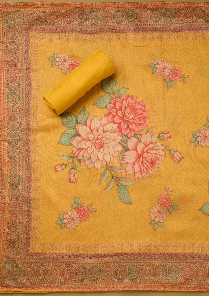 Yellow Chanderi Floral Threadwork Unstitched Dress Material With Matching Bottom And Dupatta