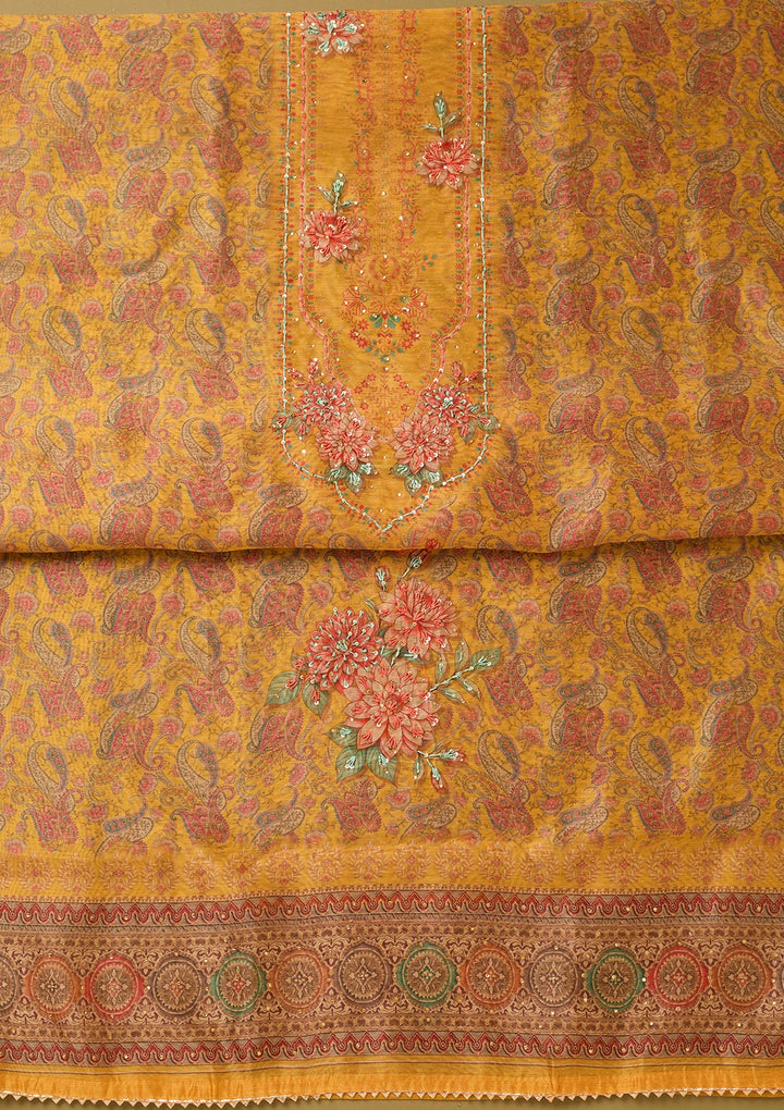 Yellow Chanderi Floral Threadwork Unstitched Dress Material With Matching Bottom And Dupatta