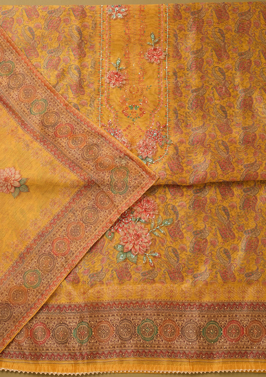Yellow Chanderi Floral Threadwork Unstitched Dress Material With Matching Bottom And Dupatta