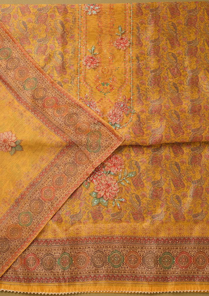 Yellow Chanderi Floral Threadwork Unstitched Dress Material With Matching Bottom And Dupatta