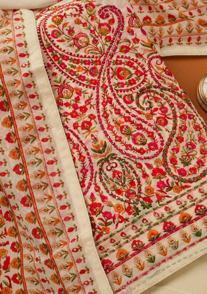 Cream Threadwork Crepe Unstitched Salwar Suit