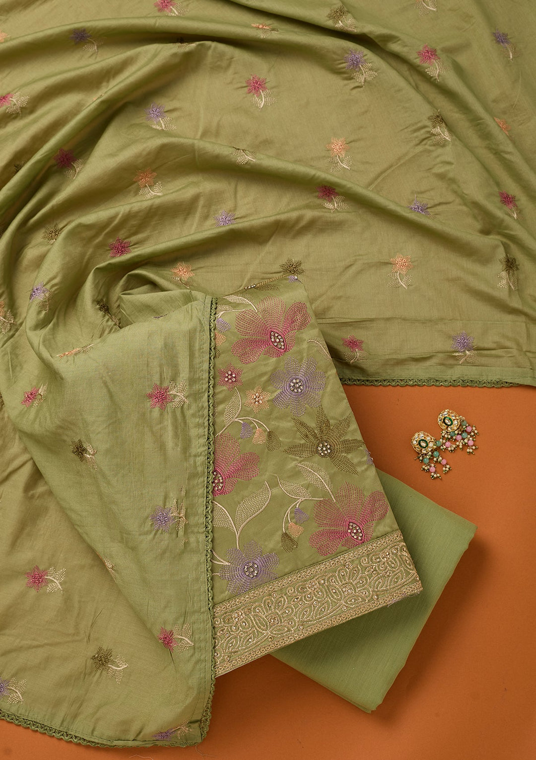 Leaf Green Threadwork Cotton Unstitched Salwar Suit