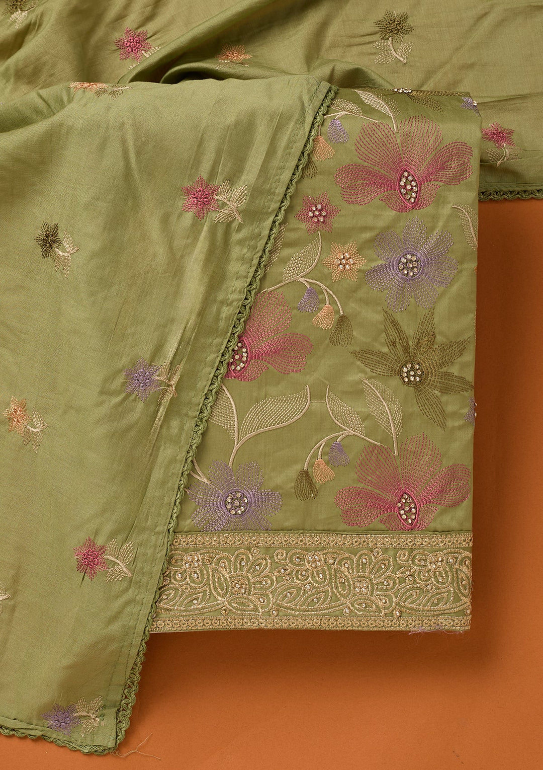 Leaf Green Threadwork Cotton Unstitched Salwar Suit