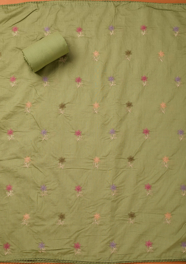 Leaf Green Threadwork Cotton Unstitched Salwar Suit