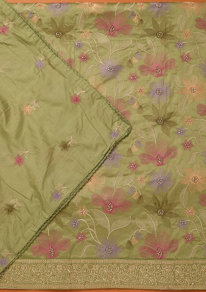 Leaf Green Threadwork Cotton Unstitched Salwar Suit