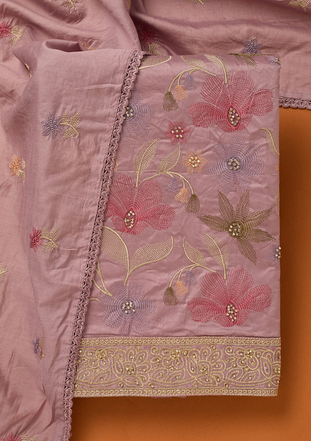 Lavender Threadwork Cotton Unstitched Salwar Suit