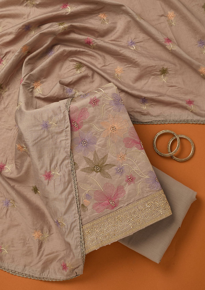 Light Grey Threadwork Cotton Unstitched Salwar Suit