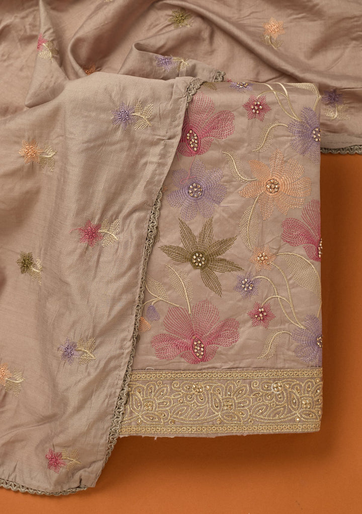 Light Grey Threadwork Cotton Unstitched Salwar Suit
