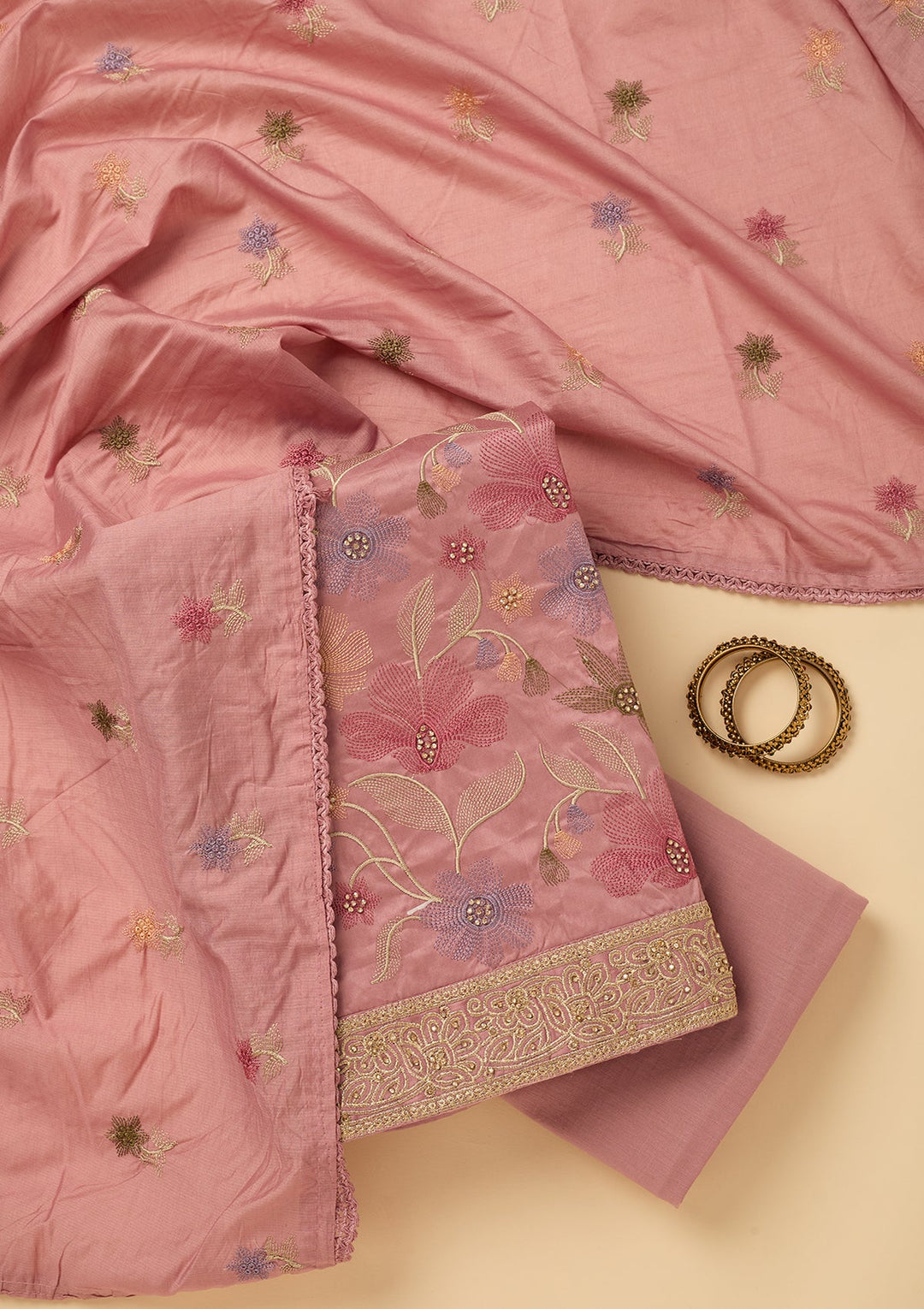 Onion Pink Threadwork Cotton Unstitched Salwar Suit