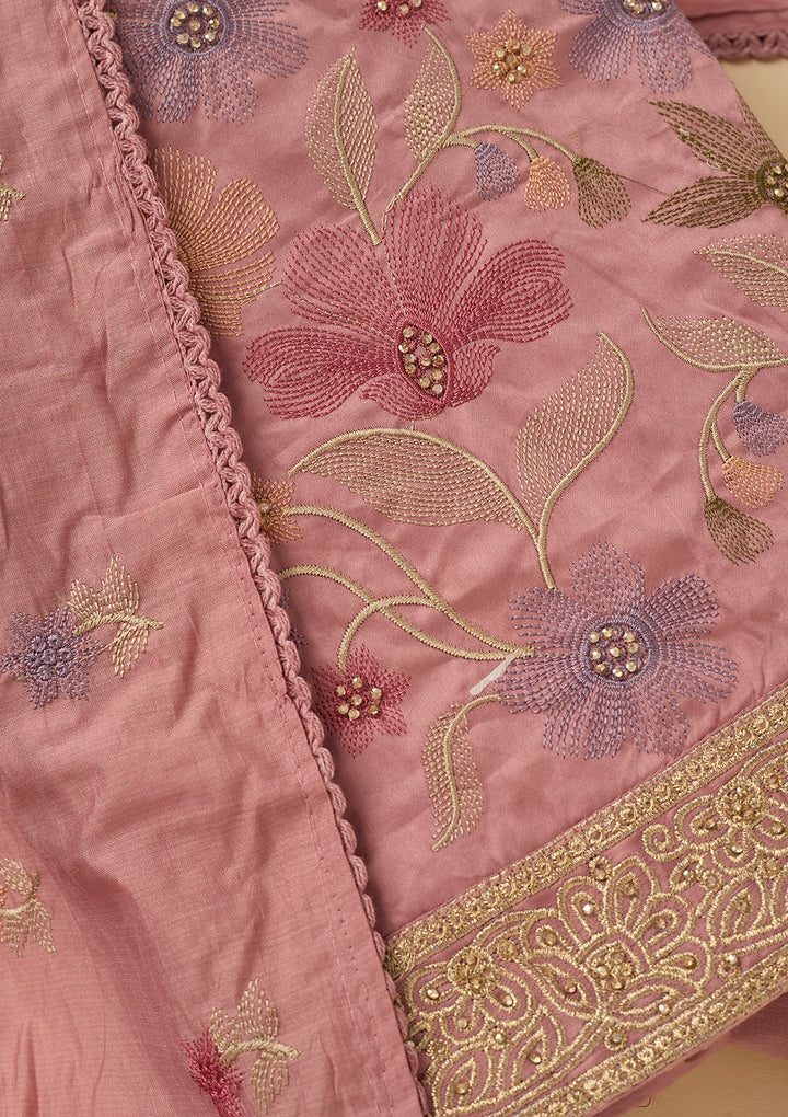 Onion Pink Threadwork Cotton Unstitched Salwar Suit