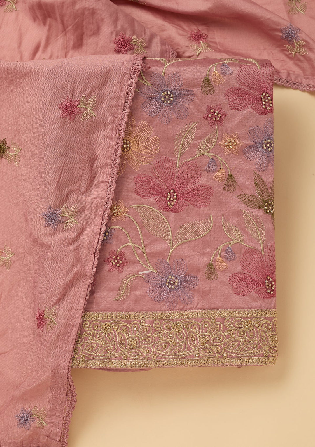 Onion Pink Threadwork Cotton Unstitched Salwar Suit