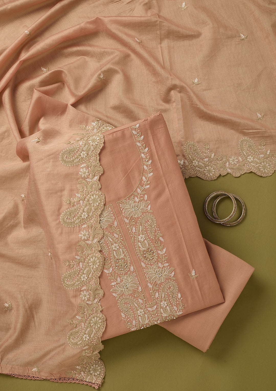 Peach Threadwork Cotton Unstitched Salwar Suit