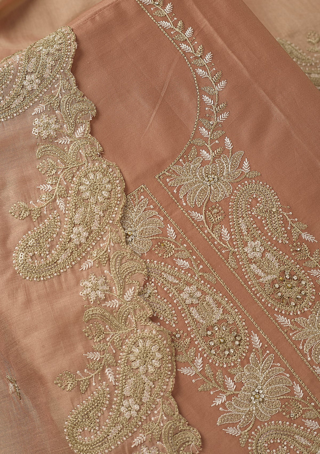 Peach Threadwork Cotton Unstitched Salwar Suit