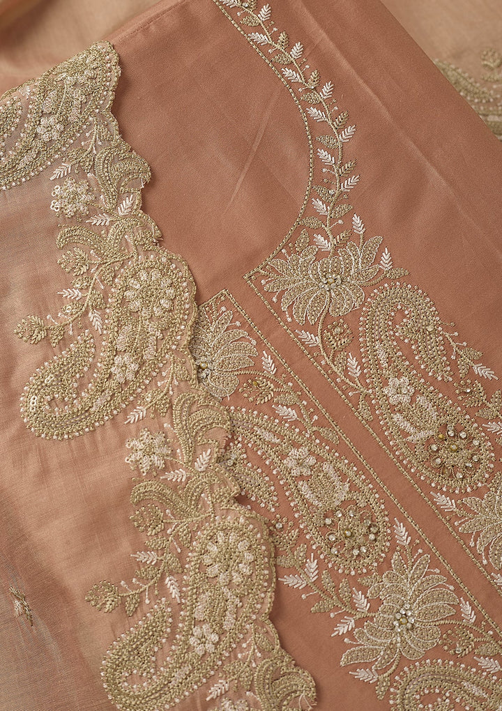 Peach Threadwork Cotton Unstitched Salwar Suit