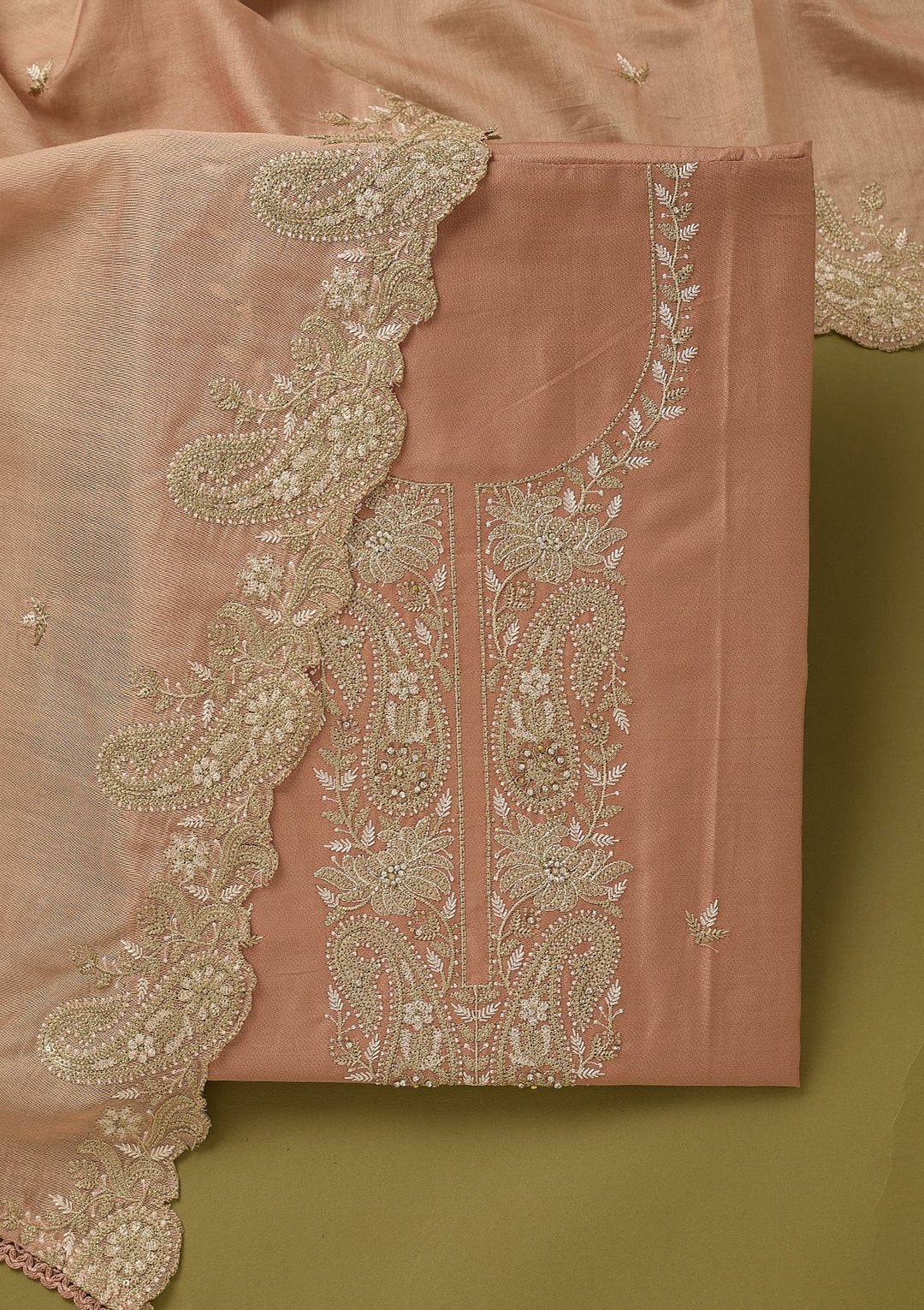Peach Threadwork Cotton Unstitched Salwar Suit