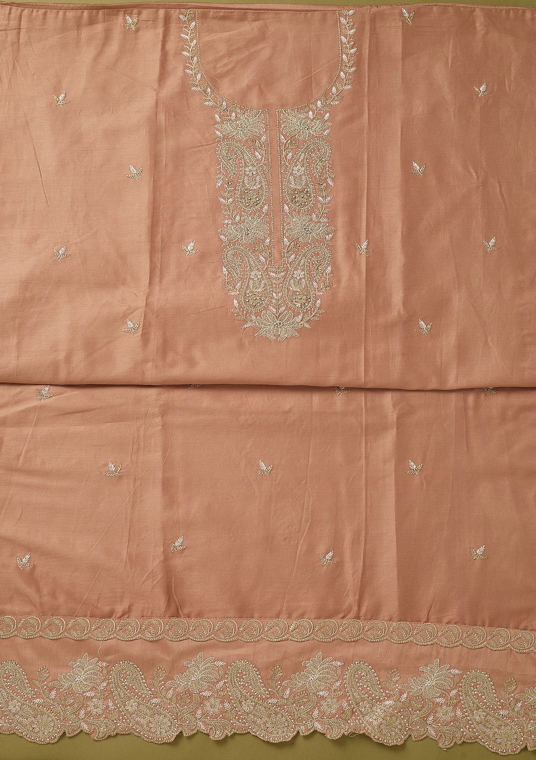 Peach Threadwork Cotton Unstitched Salwar Suit