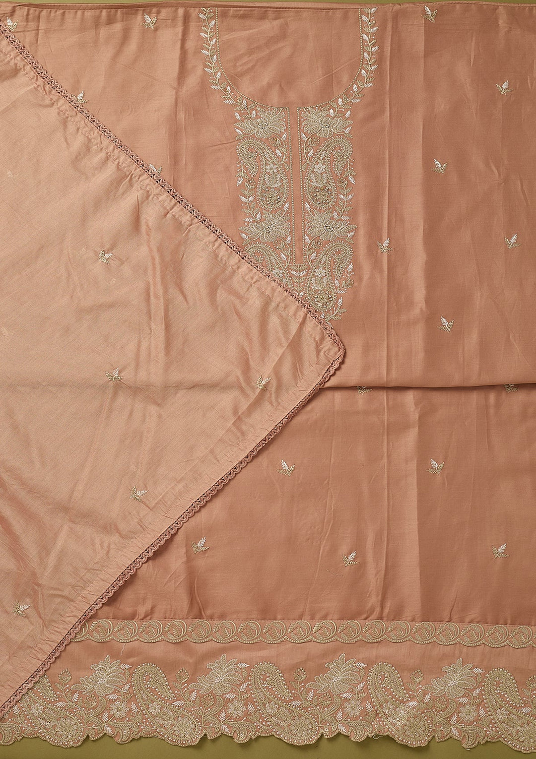 Peach Threadwork Cotton Unstitched Salwar Suit