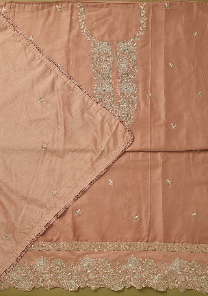 Peach Threadwork Cotton Unstitched Salwar Suit