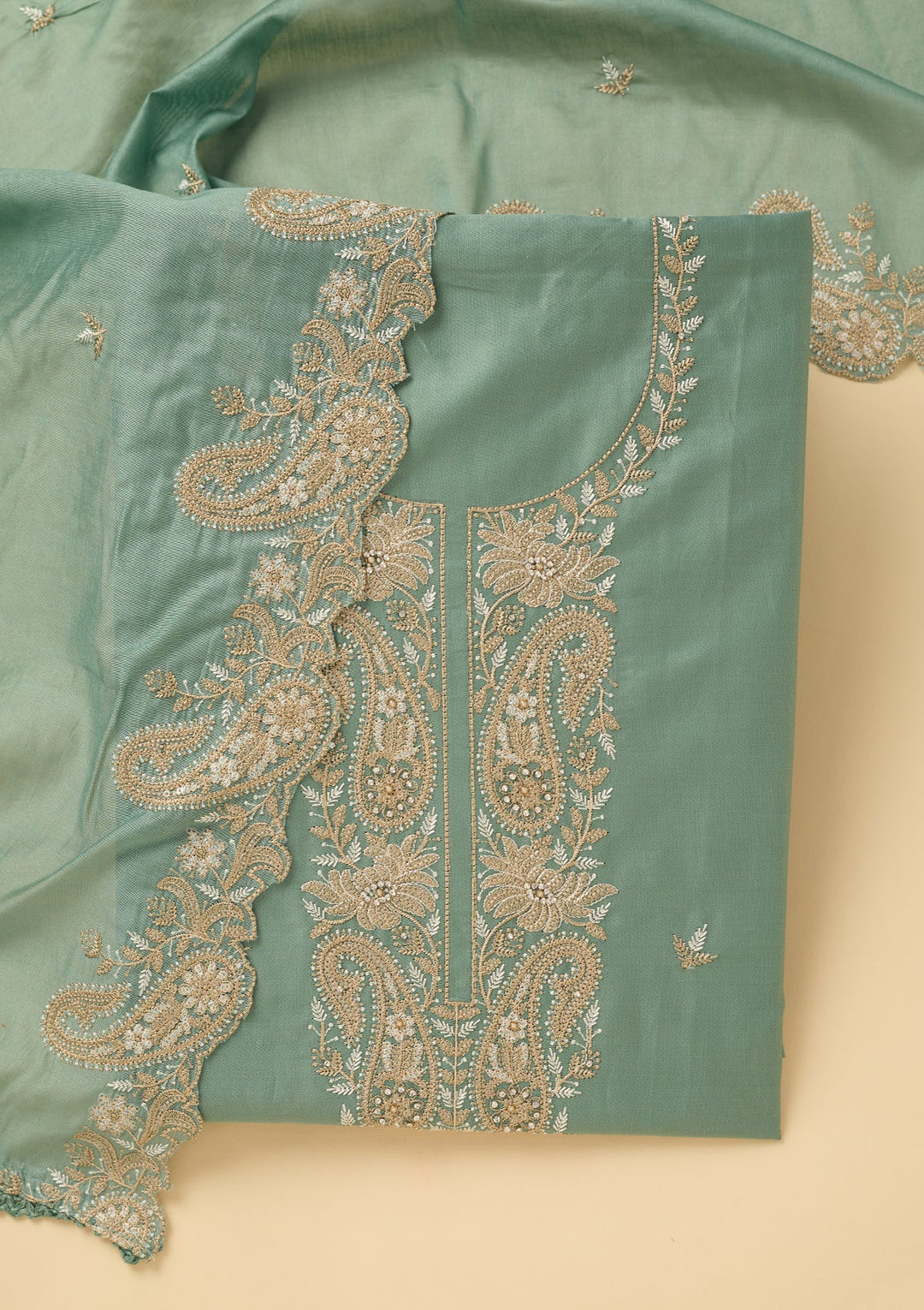 Sea Green Threadwork Cotton Unstitched Salwar Suit