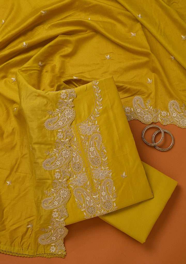 Yellow Threadwork Cotton Unstitched Salwar Suit