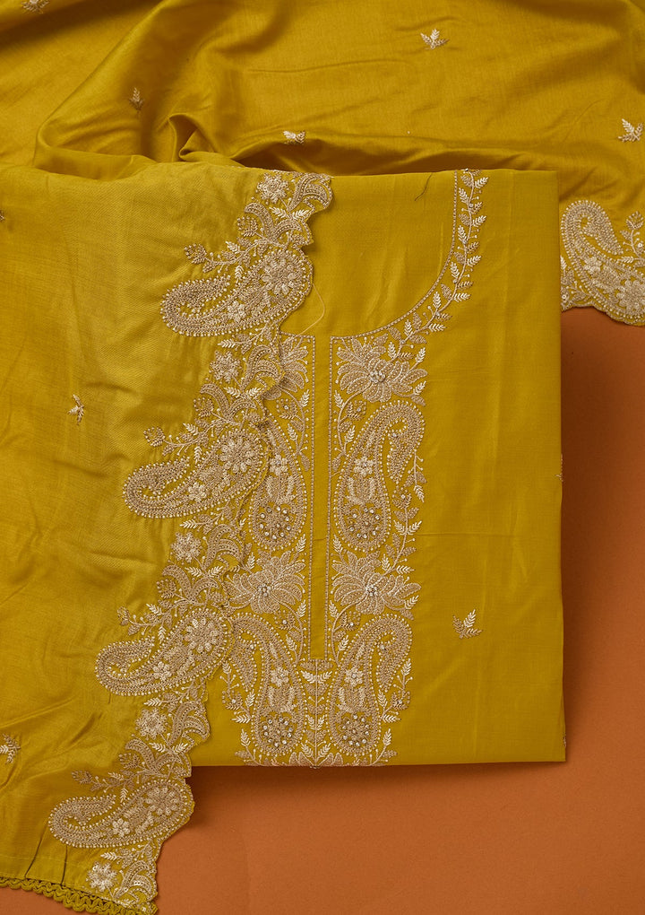Yellow Threadwork Cotton Unstitched Salwar Suit