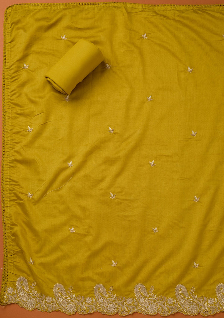 Yellow Threadwork Cotton Unstitched Salwar Suit