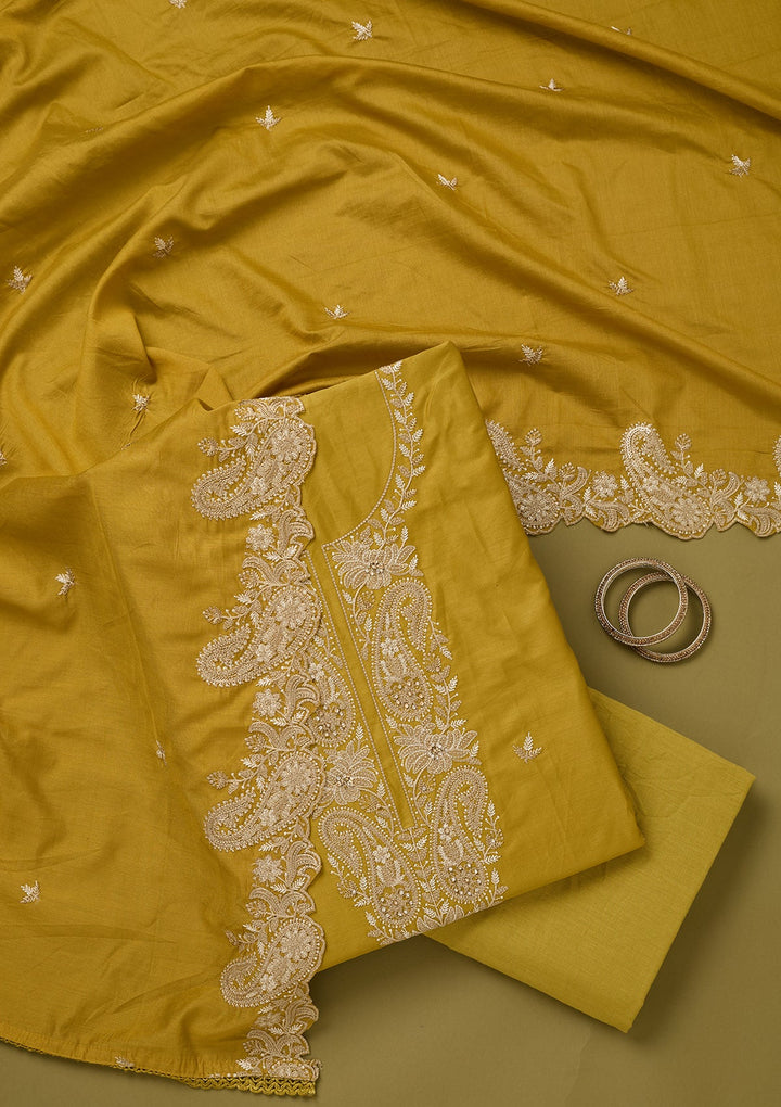 Mehendi Green Cotton Threadwork Unstitched Dress Material With Matching Bottom And Dupatta