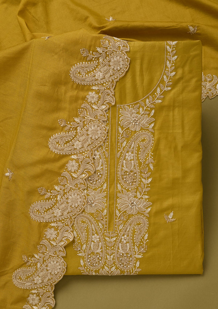 Mehendi Green Cotton Threadwork Unstitched Dress Material With Matching Bottom And Dupatta