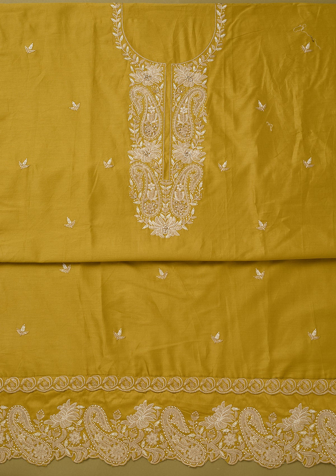 Mehendi Green Cotton Threadwork Unstitched Dress Material With Matching Bottom And Dupatta