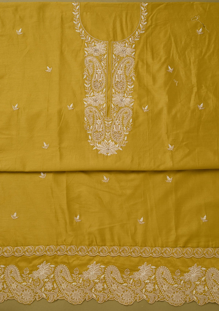 Mehendi Green Cotton Threadwork Unstitched Dress Material With Matching Bottom And Dupatta