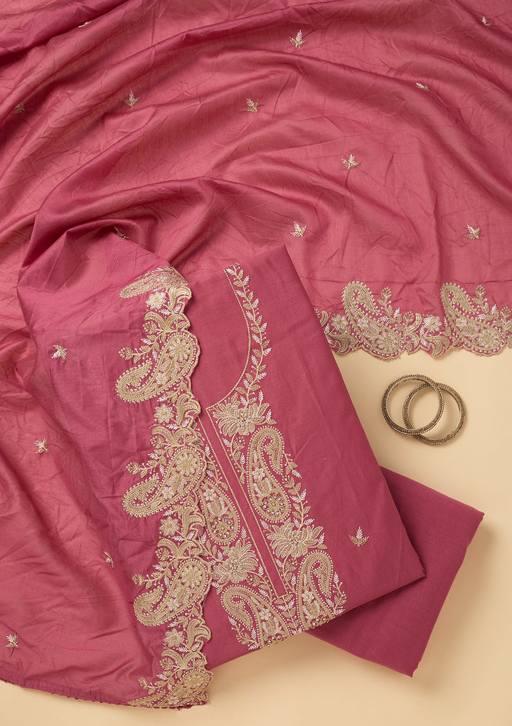 Onion Pink Cotton Threadwork Unstitched Dress Material With Matching Bottom And Dupatta