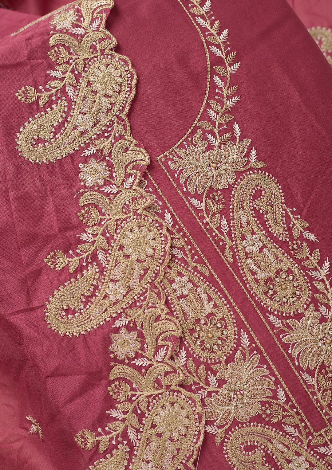 Onion Pink Cotton Threadwork Unstitched Dress Material With Matching Bottom And Dupatta