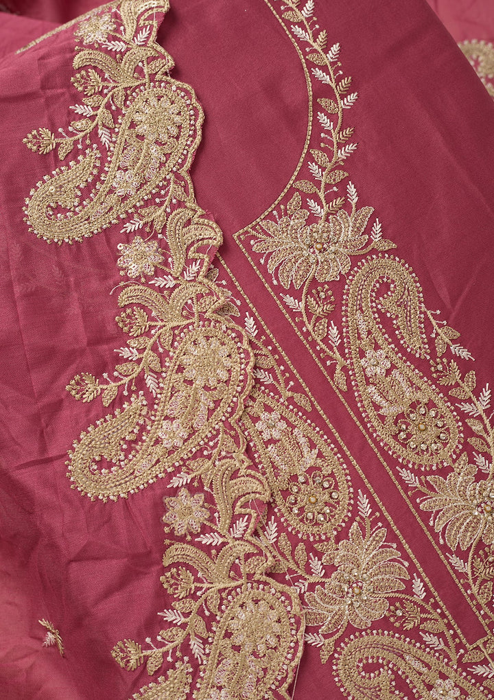 Onion Pink Cotton Threadwork Unstitched Dress Material With Matching Bottom And Dupatta