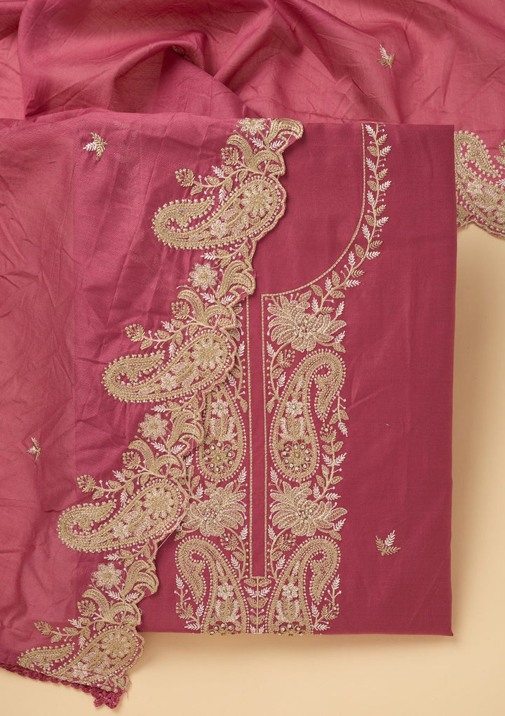 Onion Pink Cotton Threadwork Unstitched Dress Material With Matching Bottom And Dupatta