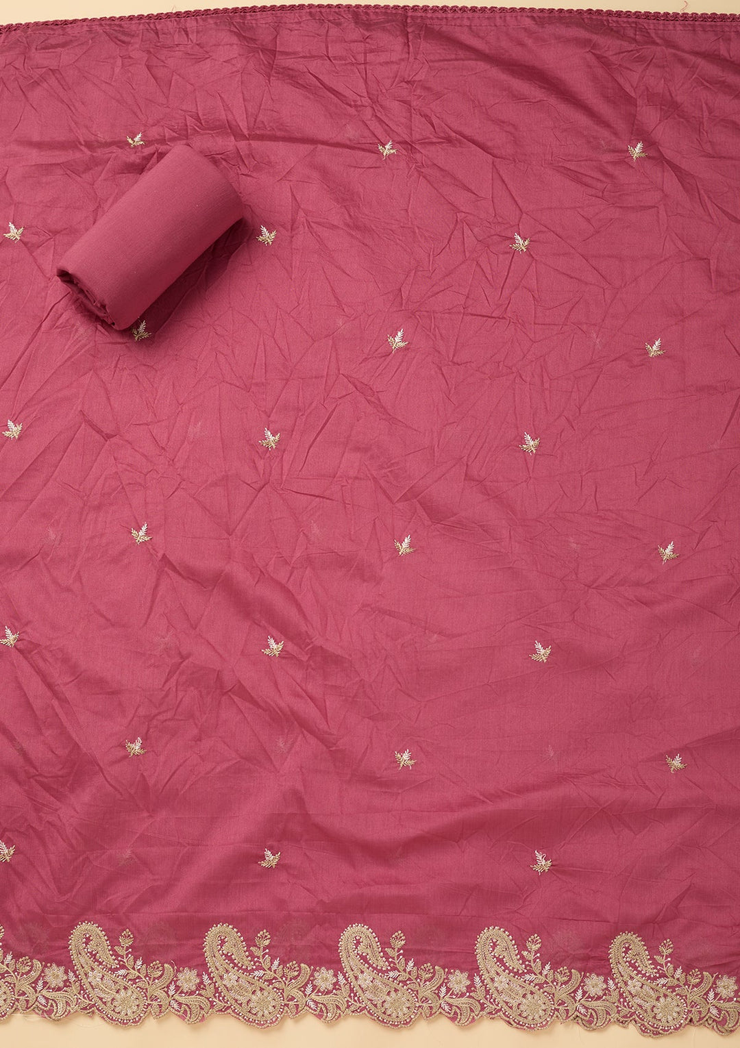 Onion Pink Cotton Threadwork Unstitched Dress Material With Matching Bottom And Dupatta