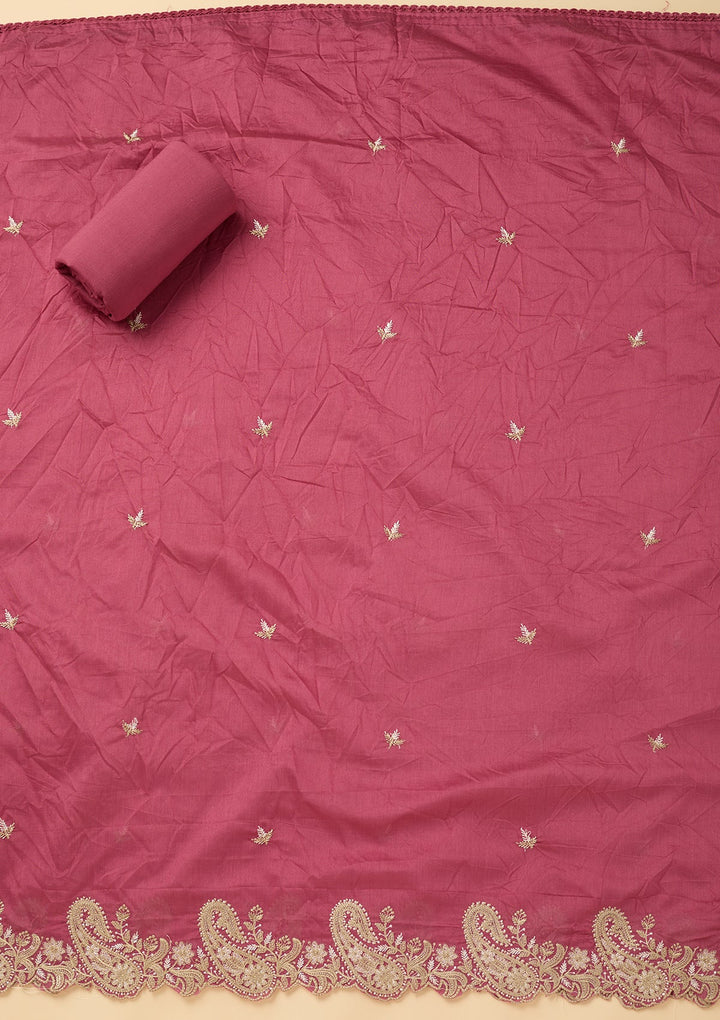 Onion Pink Cotton Threadwork Unstitched Dress Material With Matching Bottom And Dupatta