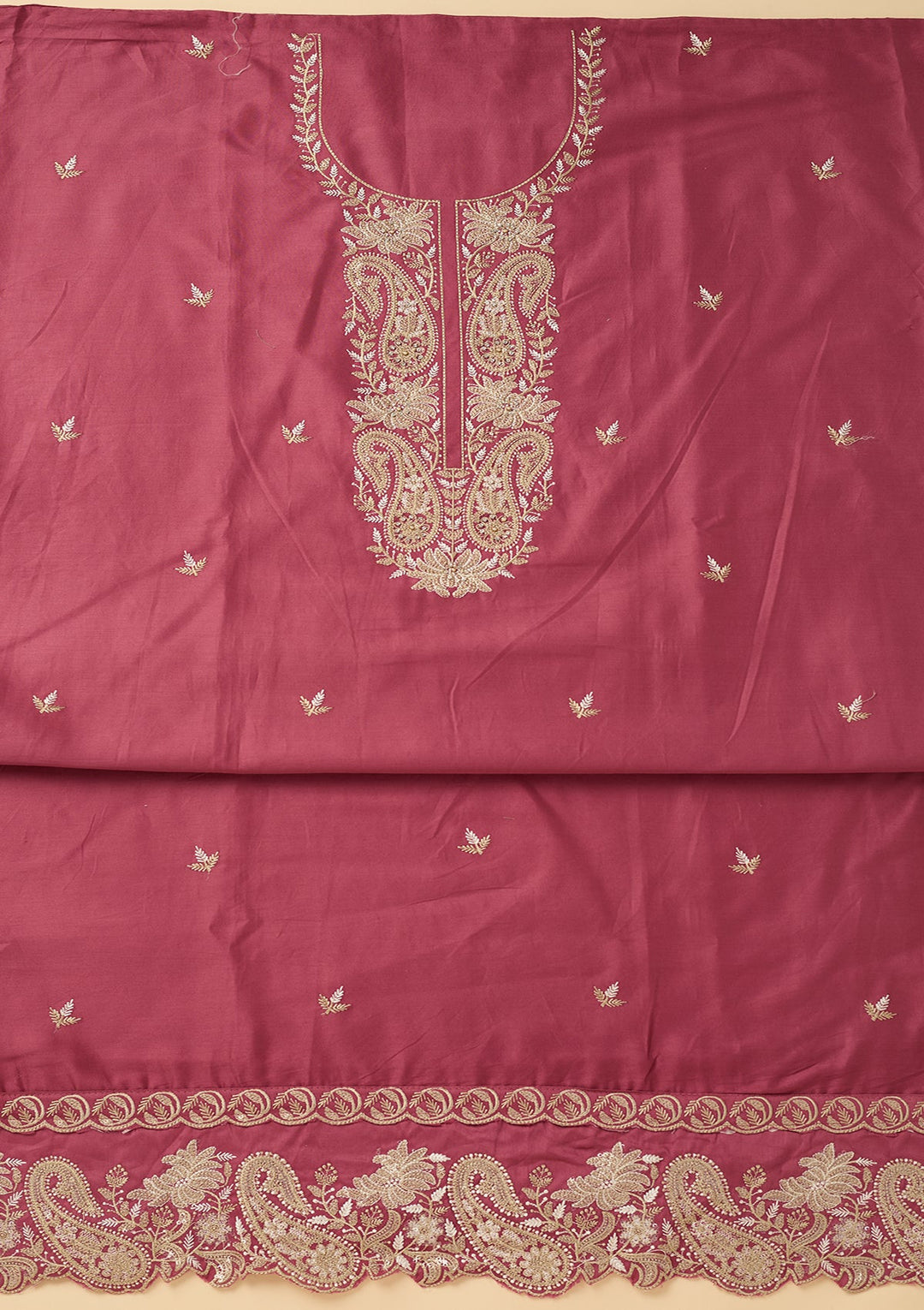 Onion Pink Cotton Threadwork Unstitched Dress Material With Matching Bottom And Dupatta