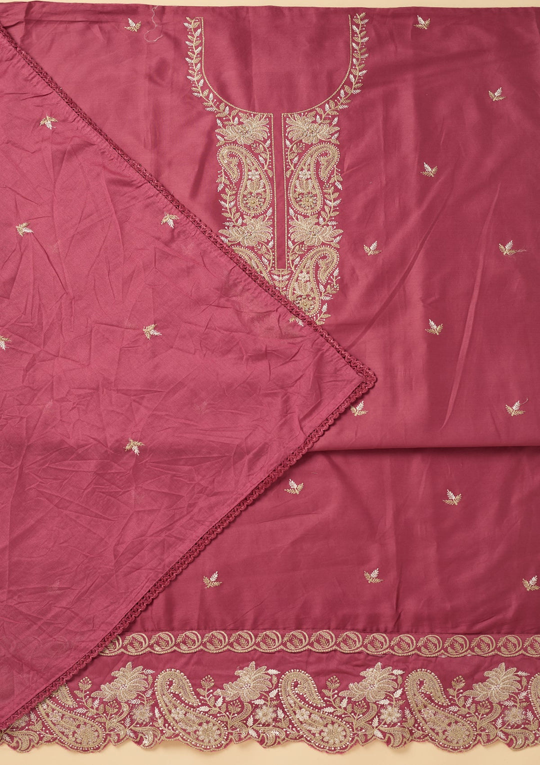 Onion Pink Cotton Threadwork Unstitched Dress Material With Matching Bottom And Dupatta