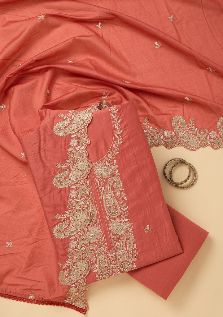 Peach Cotton Threadwork Unstitched Dress Material With Matching Bottom And Dupatta