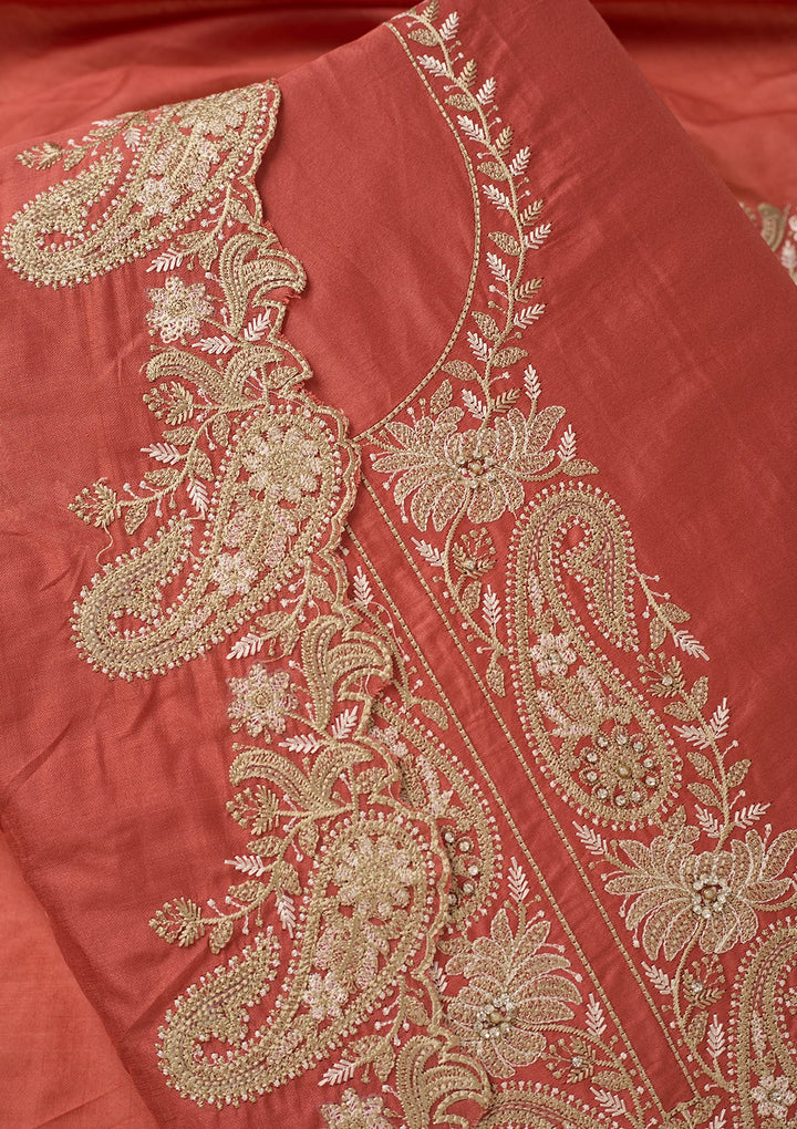 Peach Cotton Threadwork Unstitched Dress Material With Matching Bottom And Dupatta