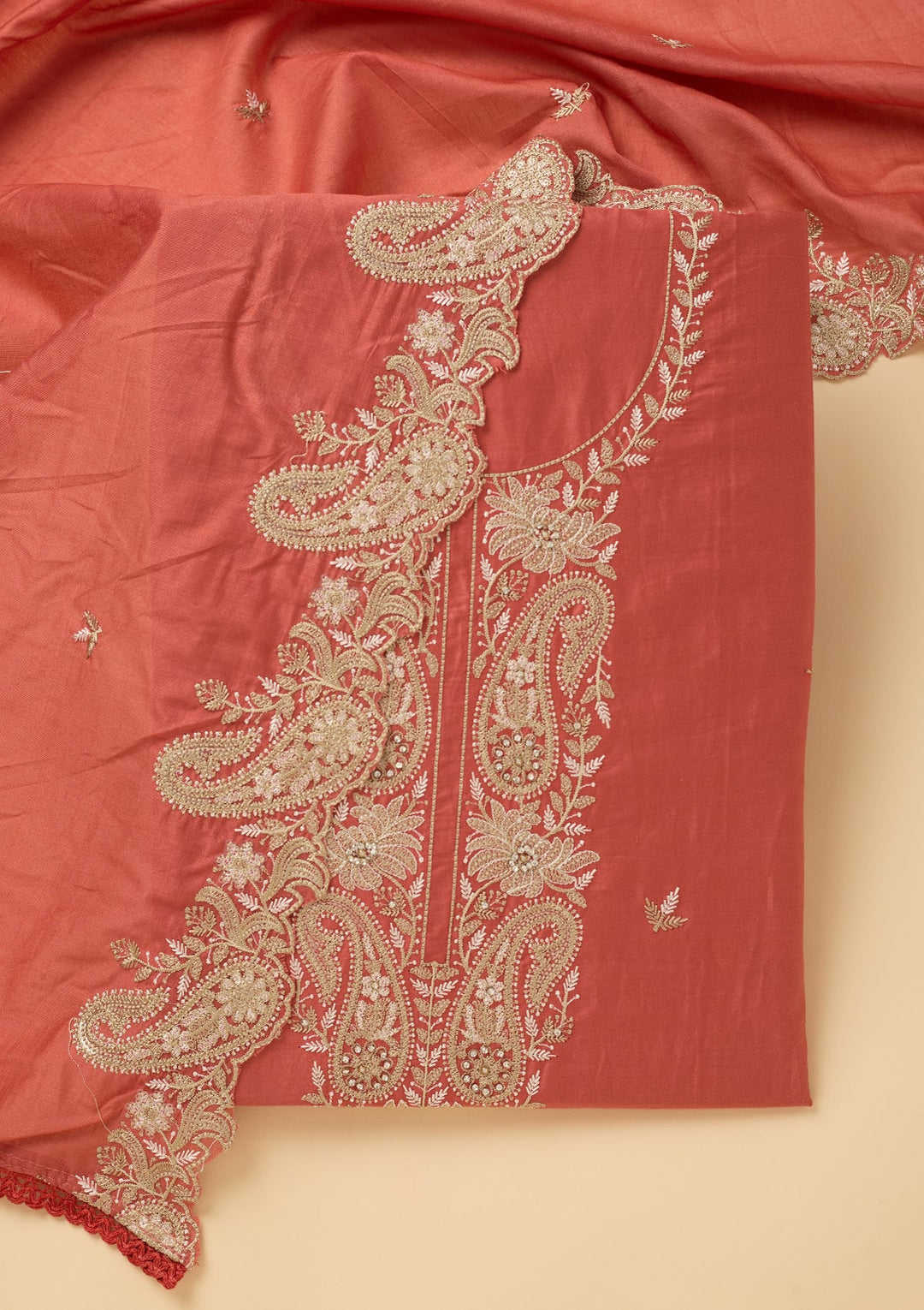 Peach Cotton Threadwork Unstitched Dress Material With Matching Bottom And Dupatta